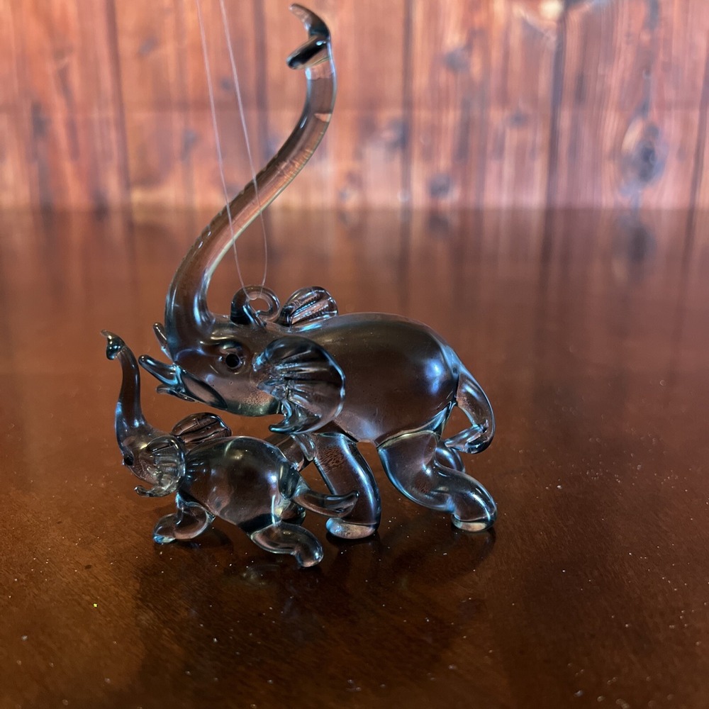 Gallerie II Art Glass Elephant Mom & Baby Figurine Ornament Vtg Style